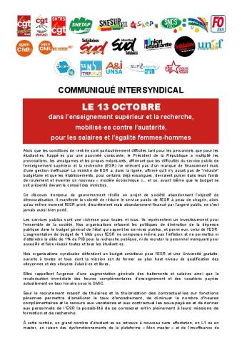 LE 13 OCTOBRE, dans l’enseignement supérieur et la recherche, mobilisé·es contre l’austérité, pour les salaires et l’égalité femmes-hommes - Communiqué intersyndical du 5 octobre 2023