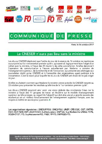 Le CNESER n'aura pas lieu sans la ministre - Communiqué intersyndical