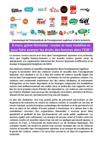 8 mars, grève féministe : toutes et tous mobilisé·es pour faire avancer les droits des femmes dans l'ESR !