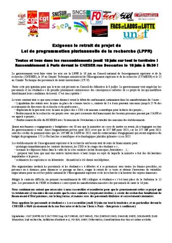 Exigeons le retrait du projet LPPR - Appel au rassemblement le 18 juin - CP intersyndical du 17 juin 2020