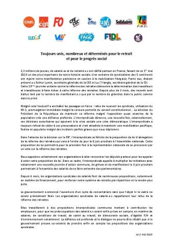 Toujours unis, nombreux et déterminés pour le retrait et pour le progrès social - Communiqué  intersyndical du 2 mai 2023
