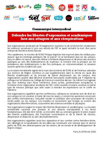 Défendre les libertés d’expression et académiques face aux attaques et aux récupérations - Communiqué intersyndical du 26 février 2026