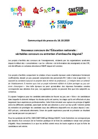 Nouveaux concours de l’Éducation nationale : véritables concours ou entretien d’embauche déguisé? - Communiqué FSU du 16 octobre 2020