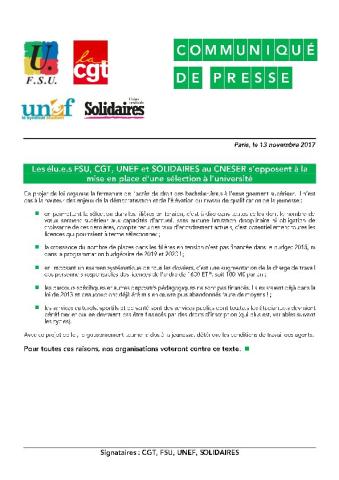 Les élu.e.s SNESUP-FSU, SNCS-FSU, SNASUB-FSU, CGT, UNEF et SOLIDAIRES au CNESER s’opposent à la mise en place d’une sélection à l’université 