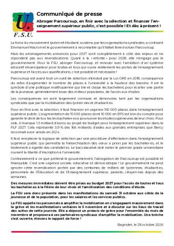 Abroger Parcoursup, en finir avec la sélection et financer l’ESR, c’est possible ! Et dès à présent ! - Communiqué de la FSU du 28 octobre 2026