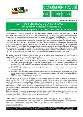  Loi « Pour une école de la confiance » : Un cavalier législatif inacceptable et une atteinte majeure à la formation des enseignants - Communiqué de presse, 16 octobre 2018
