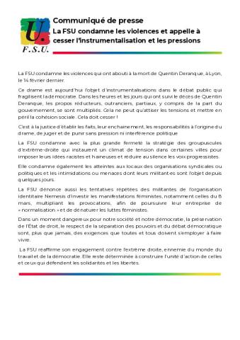 La FSU condamne les violences et appelle à cesser l'instrumentalisation et les pressions - Communiqué de presse FSU du 19 février 2026