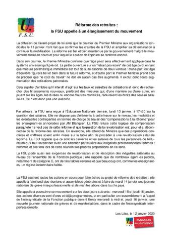 Réforme des retraites : la FSU appelle à un élargissement du mouvement - CP FSU du 12 janvier 2020