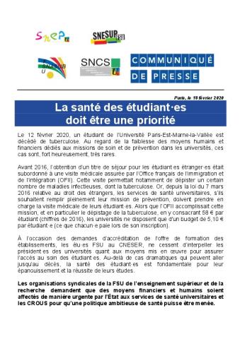 La santé des étudiant·es doit être une priorité - Communiqué de presse du 18 février 2020