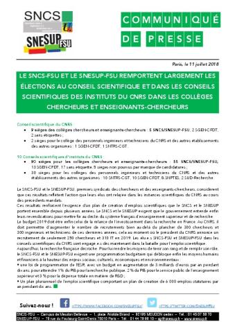 Le SNCS-FSU et le SNESUP-FSU remportent largement les élections au CS et dans les conseils scientifiques des instituts du CNRS