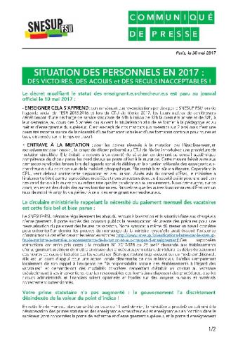 SITUATION DES PERSONNELS EN 2017 : DES VICTOIRES, DES ACQUIS et DES RECULS INACCEPTABLES !
