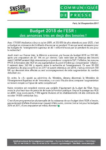 Budget 2018 de l’ESR : des annonces très en deçà des besoins !