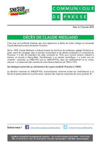 Décès de Claude MESLIAND