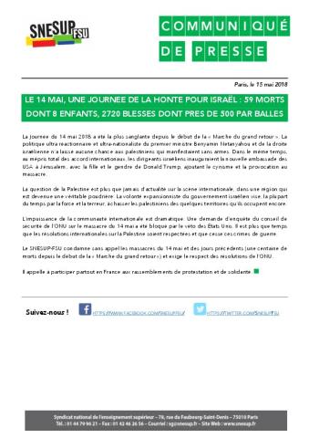 Le 14 mai, une journée de la honte pour Israël : 59 morts dont 8 enfants, 2720 blessés dont près de 500 par balles - Communiqué de presse du 15 mai 2018