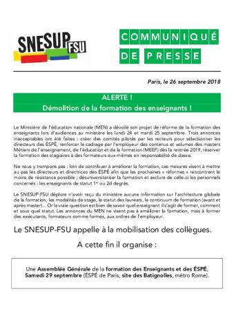 ALERTE ! Démolition de la formation des enseignants ! - Communiqué de presse, 26 septembre 2018