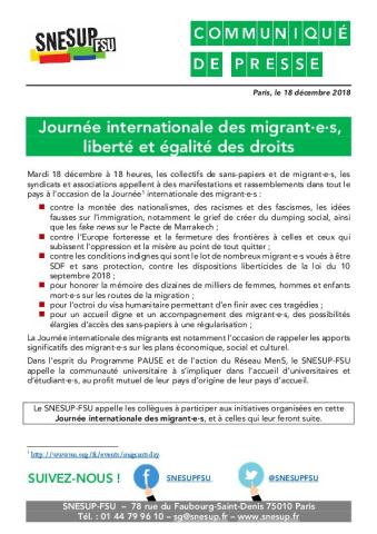 Journée internationale des migrant·e·s, liberté et égalité des droits - Communiqué de presse, 18 décembre 2018