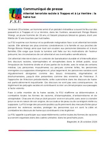 Attentat terroriste raciste à Trappes et à La Verrière : la haine tue - Communiqué de presse FSU du 25 octobre 2026