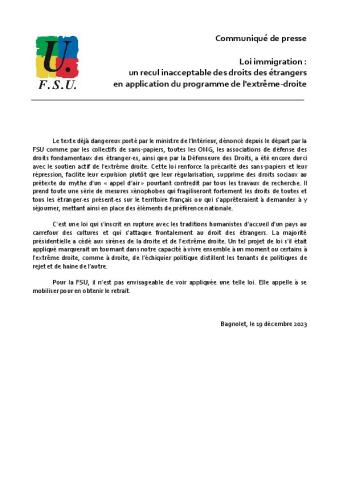 LOI IMMIGRATION - Communiqué de presse de la FSU du 19 décembre 2023