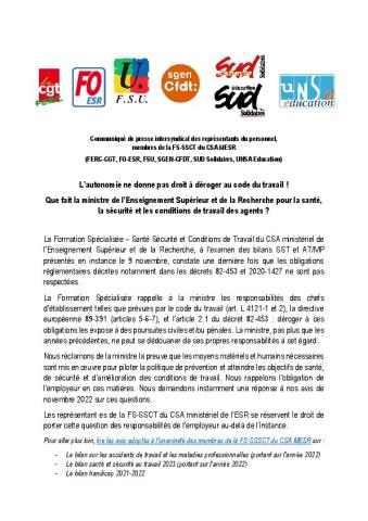 L’autonomie ne donne pas droit à déroger au code du travail ! Que fait la ministre de l’Enseignement Supérieur et de la Recherche pour la santé, la sécurité et les conditions de travail des agents ? - Communiqué intersyndical du 10 novembre 2023