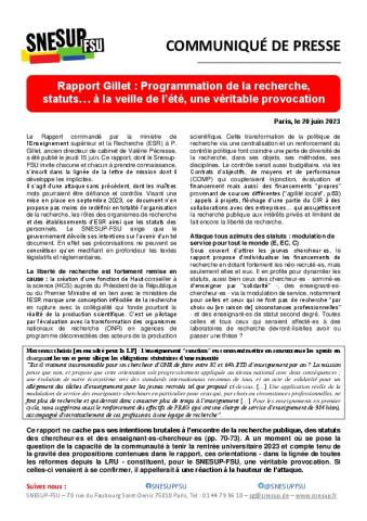 Rapport Gillet : Programmation de la recherche, statuts… à la veille de l’été, une véritable provocation - Communiqué du 20 juin 2023