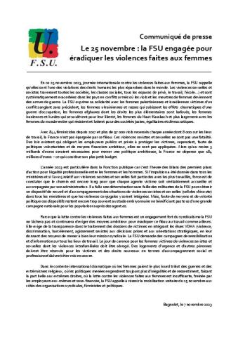 Le 25 novembre : la FSU engagée pour éradiquer les violences faites aux femmes - Communiqué FSU du 7 novembre 2023