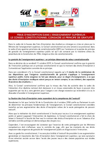 Frais d’inscription dans l’enseignement supérieur : le Conseil constitutionnel consacre le principe de gratuité - Communiqué de presse intersyndical du 11 octobre 2019
