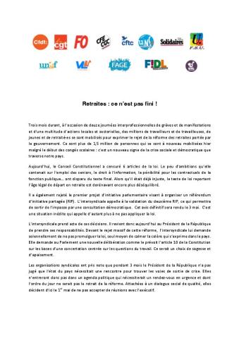 Retraites : ce n’est pas fini ! - Communiqué intersyndical du 14 avril 2023