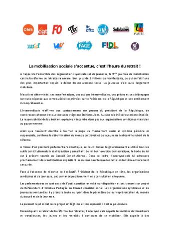 La mobilisation sociale s’accentue, c’est l’heure du retrait ! - Communiqué intersyndical du 23 mars 2023