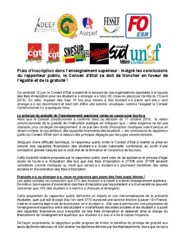 Frais d’inscription dans l’enseignement supérieur : malgré les conclusions du rapporteur public, le Conseil d’Etat se doit de trancher en faveur de l’égalité et de la gratuité !
