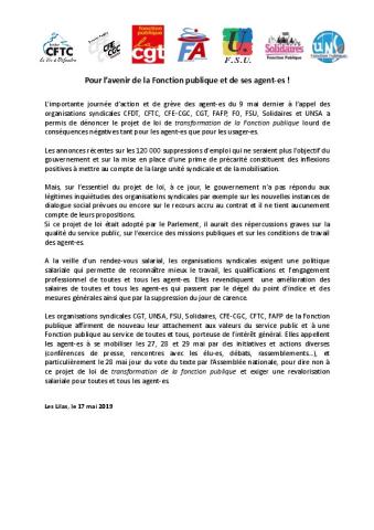Pour l’avenir de la Fonction publique et de ses agent-es ! Communiqué intersyndical 17 mai 2019