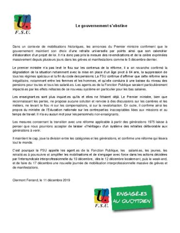 Retraites : Le gouvernement s'obstine - Communiqué de la FSU  et de l'intersyndicale Fonction publique du 11 décembre 2019