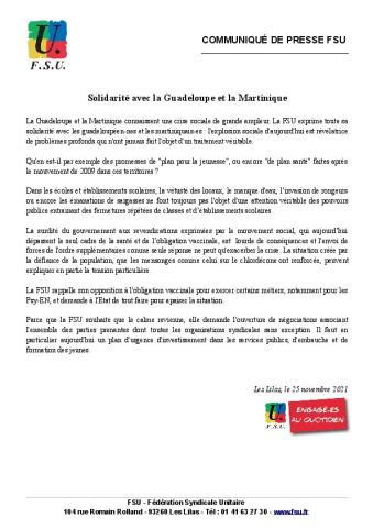 Solidarité avec la Guadeloupe et la Martinique - Communiqué de presse de la FSU du 25 novembre 2021