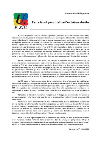 Faire front pour battre l'extrême droite -  Communiqué de presse FSU du 1er juillet 2024