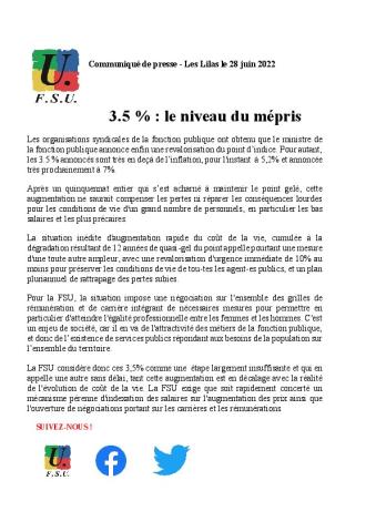 3.5 % : le niveau du mépris - Communiqué de presse de la FSU du 28 juin 2022