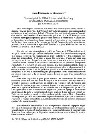 Où va l’Université de Strasbourg ? - CP de la FSU de l’Université de Strasbourg sur les élections et le respect des instances, 3 décembre 2020