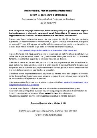 Interdiction du rassemblement intersyndical  devant la  préfecture à Strasbourg : Communiqué intersyndical, 27 mars 2019