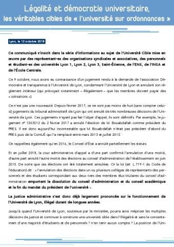 Légalité et démocratie universitaire, les véritables cibles de « l’université sur ordonnances » - Communiqué intersyndical des universités de Lyon, 12 octobre 2018