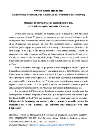 Vivre et étudier dignement ! Manifestation de soutien aux étudiant.es de l’Université de Strasbourg - CP intersyndical du 19 janvier 2021
