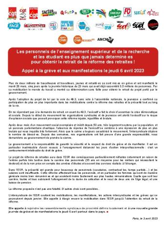 Les personnels de l'ESR et les étudiant·es plus que jamais déterminé·es pour obtenir le retrait de la réforme des retraites ! - Appel intersyndical du 3 avril 2023