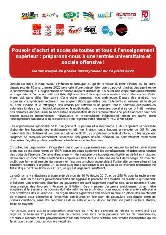 Pouvoir d’achat et accès de toutes et tous à l’enseignement supérieur : préparons-nous à une rentrée universitaire et sociale offensive ! - Communiqué de presse intersyndical du 13 juillet 2022