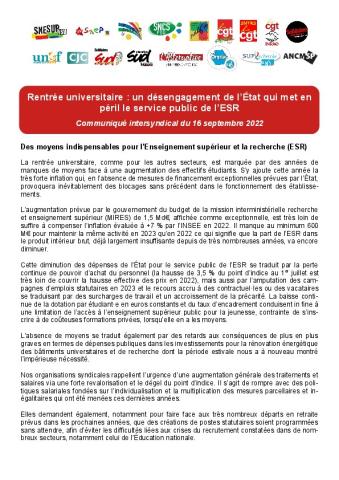 Rentrée universitaire : un désengagement de l’État qui met en péril le service public de l’ESR - Communiqué intersyndical du 16 septembre 2022