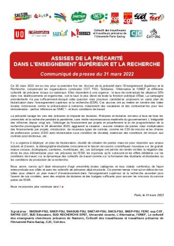 Assises de la précarité dans l'enseignement supérieur et la recherche - Communiqué de presse intersyndical du 31 mars 2022