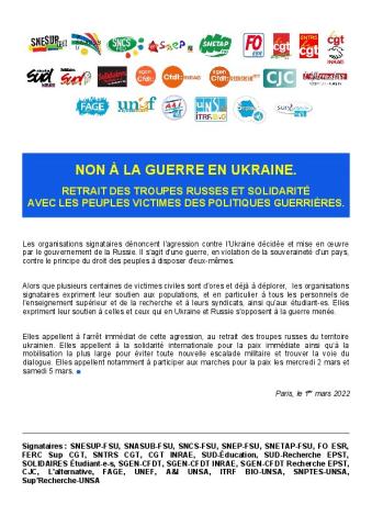 Non à la guerre en Ukraine. Retrait des troupes russes et solidarité avec les peuples victimes des politiques guerrières. - Communiqué intersyndical du 1er mars 2022
