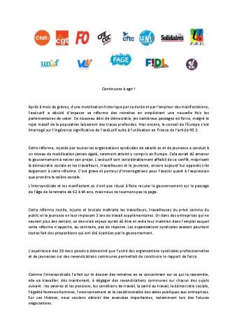 Continuons à agir! - Communiqué intersyndical du 15 juin 2023