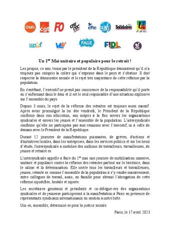 Un 1er Mai unitaire et populaire pour le retrait ! - Communiqué intersyndical du 17 avril 2023