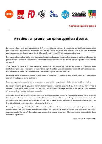 Retraites : un premier pas qui en appellera d'autres - Communiqué intersyndical du 20 octobre 2025
