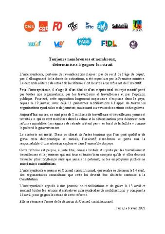 Toujours nombreuses et nombreux, déterminé-es à gagner le retrait - Communiqué intersyndical du 6 avril 2023