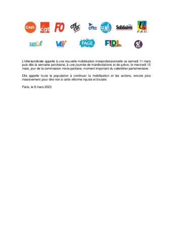 Réforme des retraites - Communiqué intersyndical du 8 mars 2023