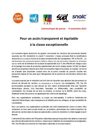 Pour un accès transparent et équitable à la classe exceptionnelle - Communiqué de presse intersyndical du 9 novembre 2023