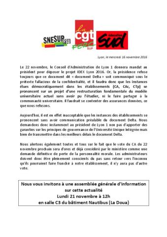 Communiqué de presse intersyndical - Fusion IDEX Lyon